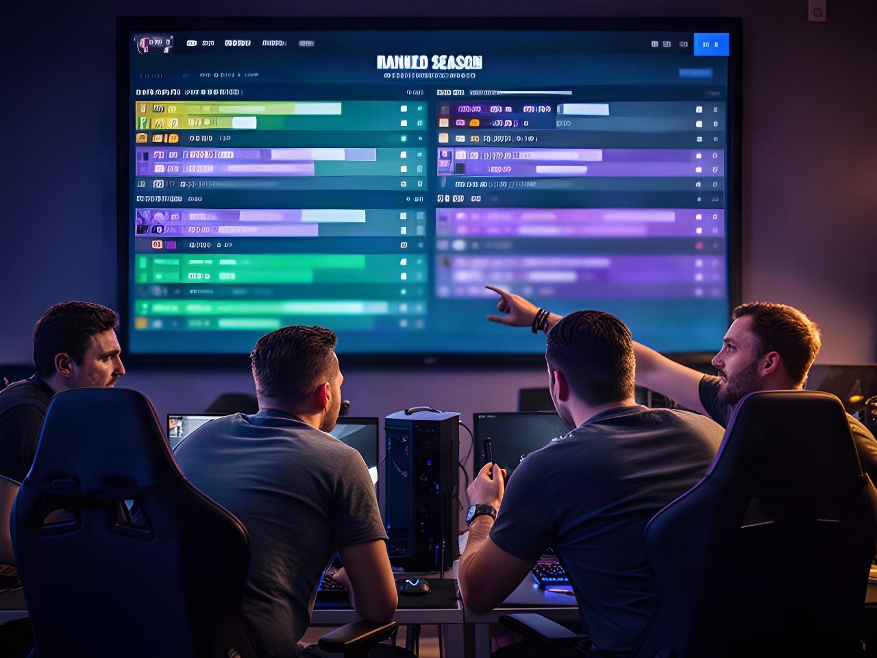 Players reviewing a ranked season board on a large screen in a shared gaming lounge