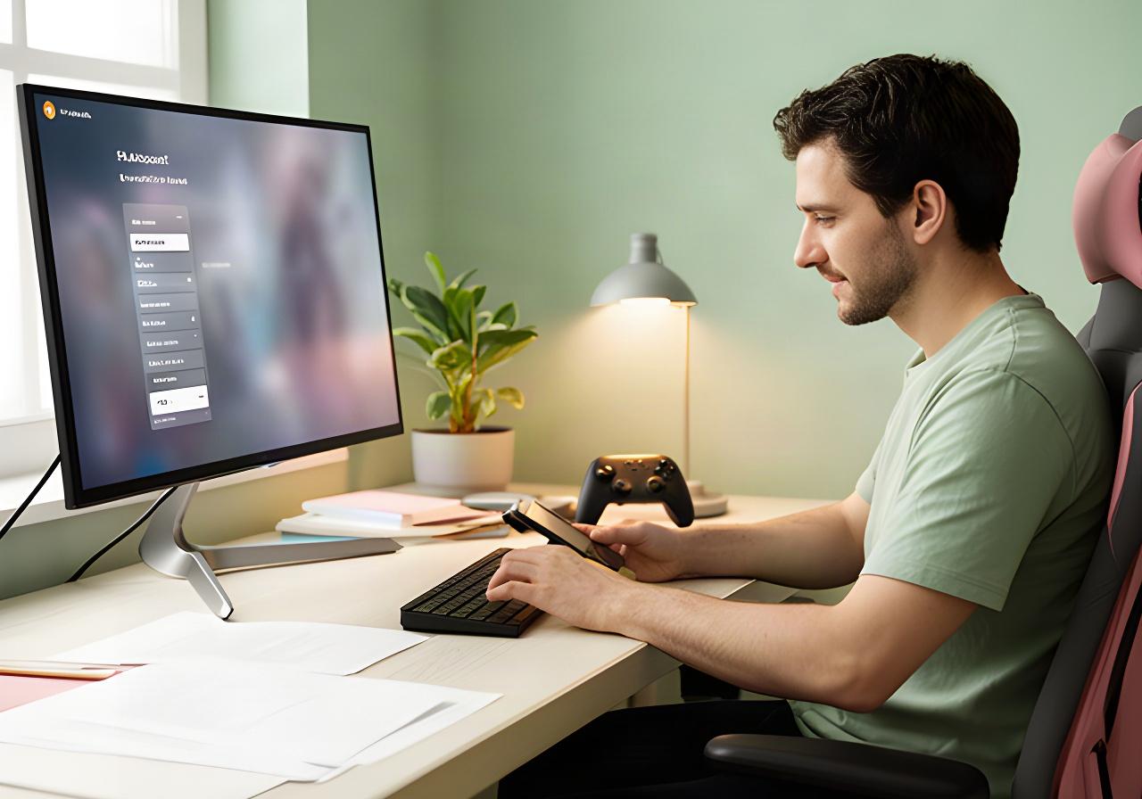 Player reviewing privacy settings at a desk beside a gaming monitor in a softly lit home office
