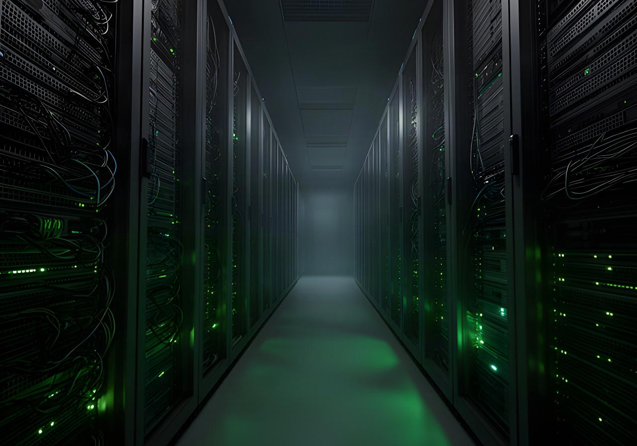 A dimly lit multiplayer server aisle with green status lights and rows of network equipment
