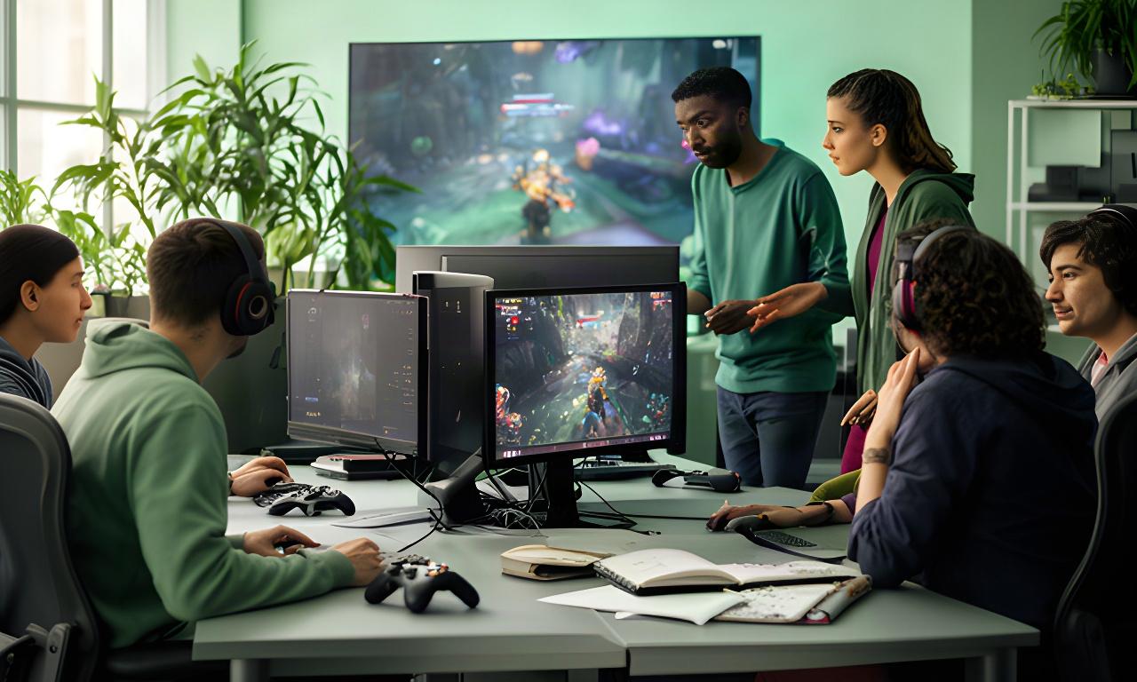 Game developers reviewing a multiplayer build at workstations in a Boise studio